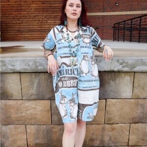 Vintage Sack Rabbit Print Cotton Jumpsuit Shorts
